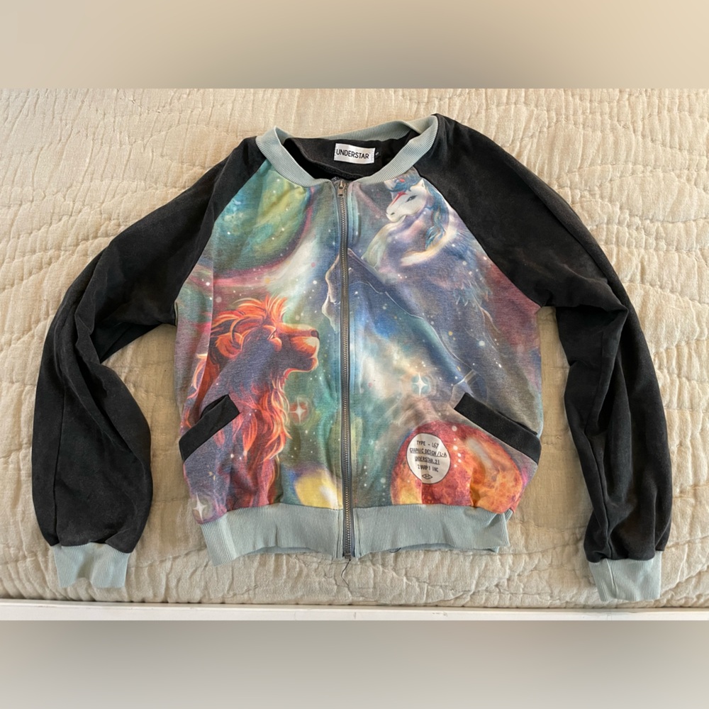 🦁 Unix Understory lion unicorn space print zip jacket women’s sz S